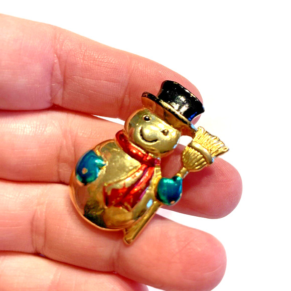 Signed SFJ Christmas Brooch Goldtone Snowman Red Green Festive Fun Holiday Pin - Picture 6 of 6